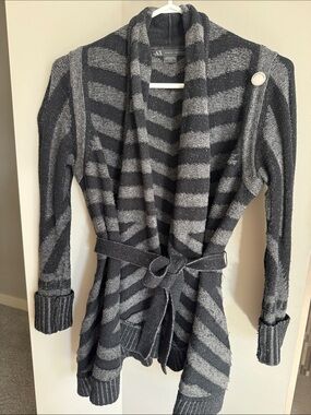 Armani Exchange Black & Gray Striped Belted Shawl Cardigan